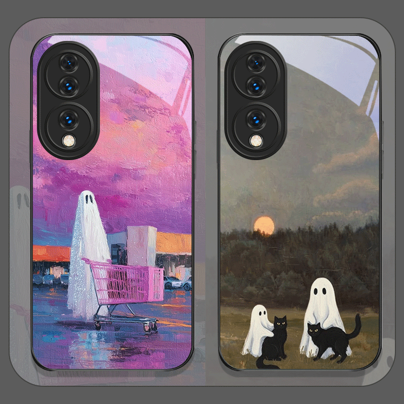 Huawei Nova 12 - かわいい漫画の黒猫ゴースト柄強化ガラス製スマホケース Huawei Nova 13 Pro 12